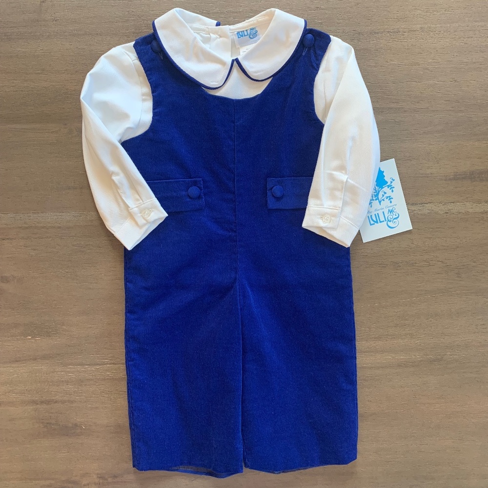 New Luli & Me Baby Boys Blue Corduroy Overall with Piped Shirt